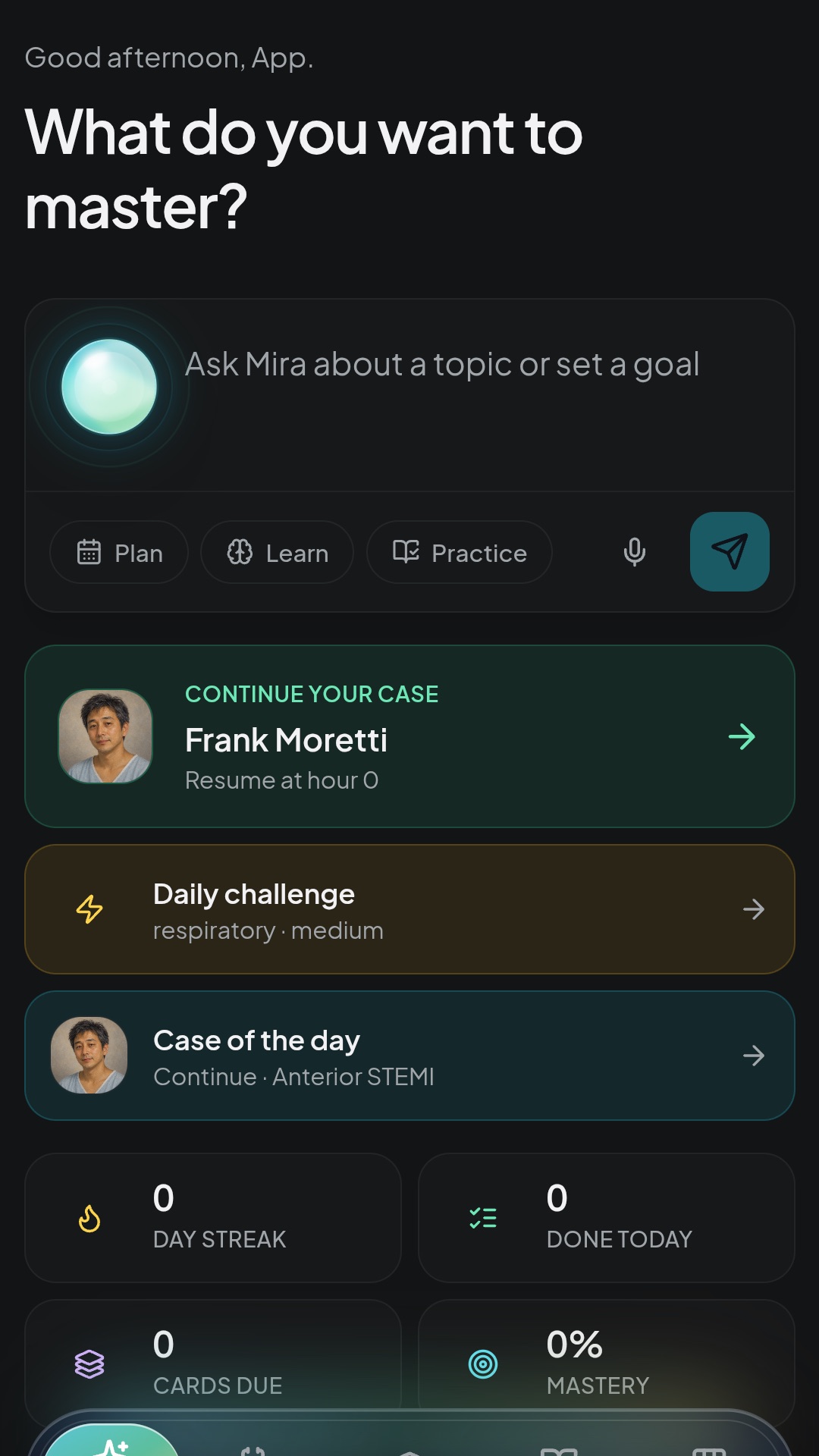 Curovana Simulation home: ask Mira about a topic, continue a case, daily challenge