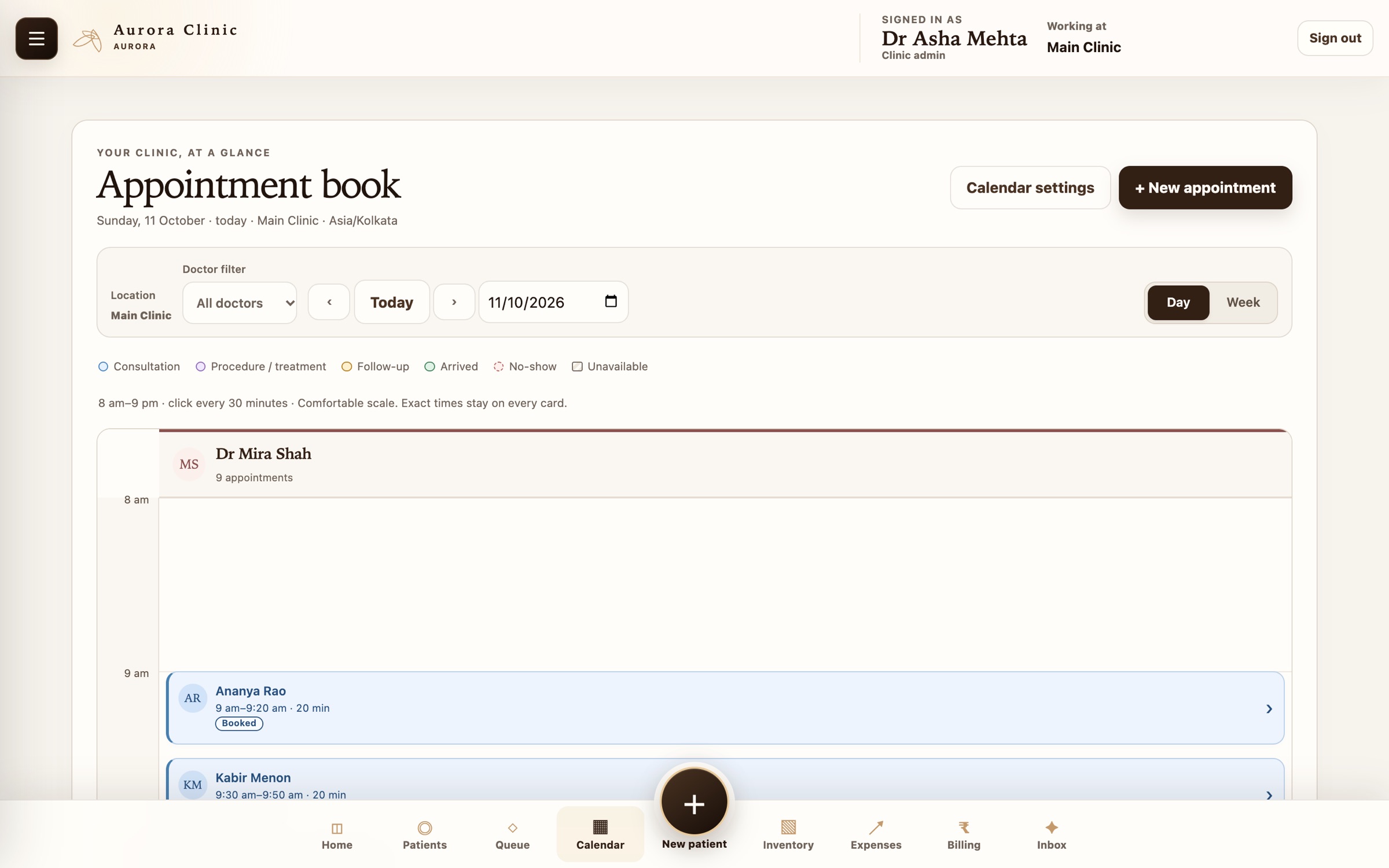 Curovana Clinic appointment book for the day