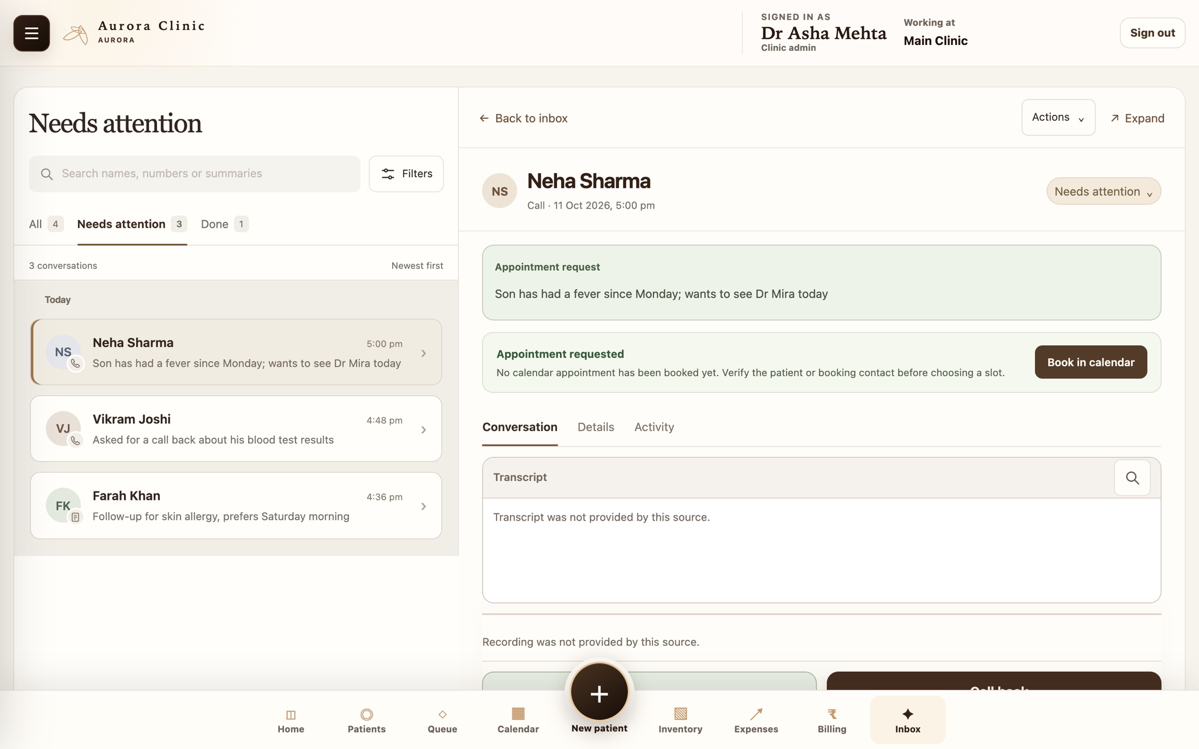Curovana Clinic inbox showing a voice-call appointment request from a caller, with a Book in calendar action